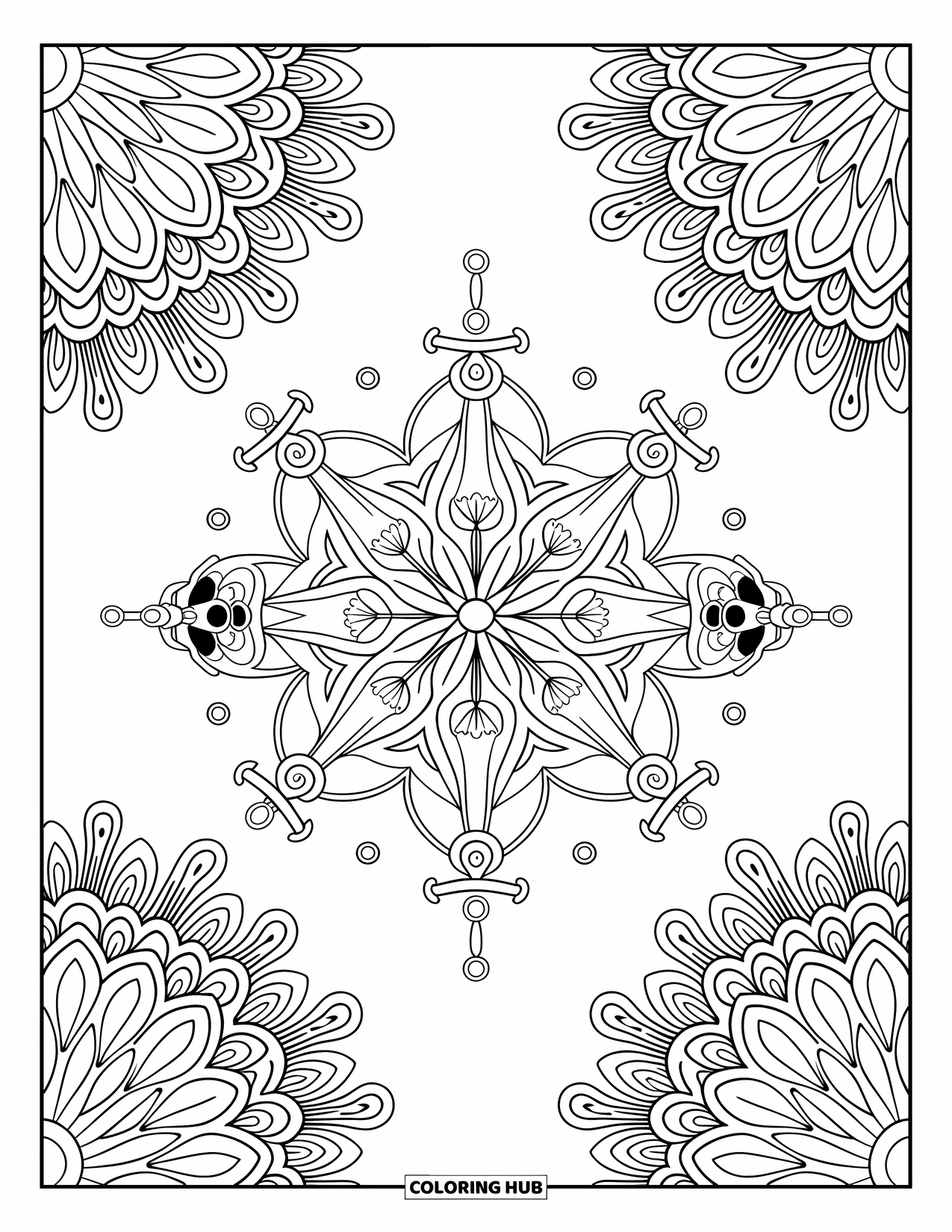 Kolorowanka z piratami dla dorosłych: Mandala z elementami o tematyce pirackiej, takimi jak kotwice, miecze i czaszki