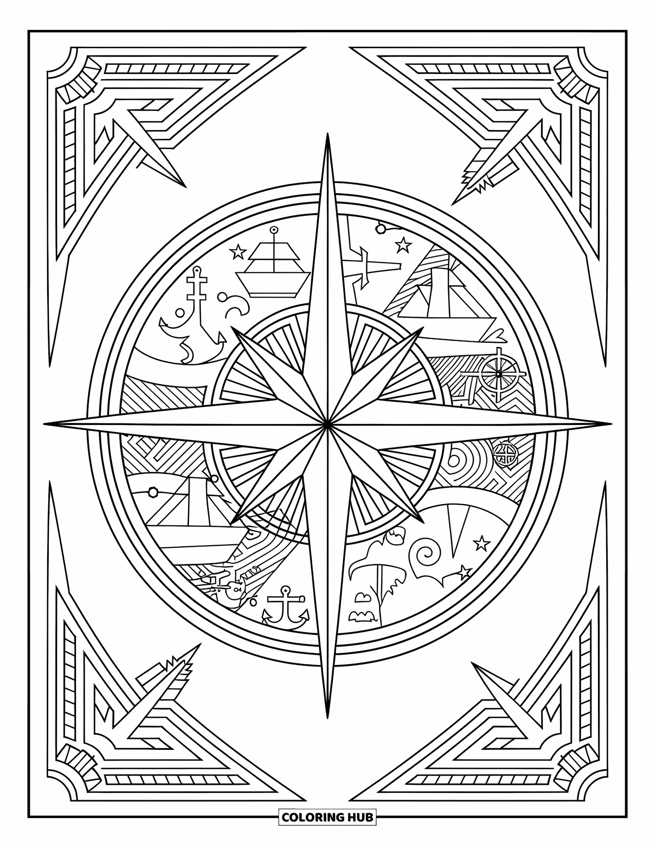 Kolorowanka z piratem dla dorosłych: Kompas żeglarski ozdobiony motywami pirackimi i otoczony szczegółowymi wzorami