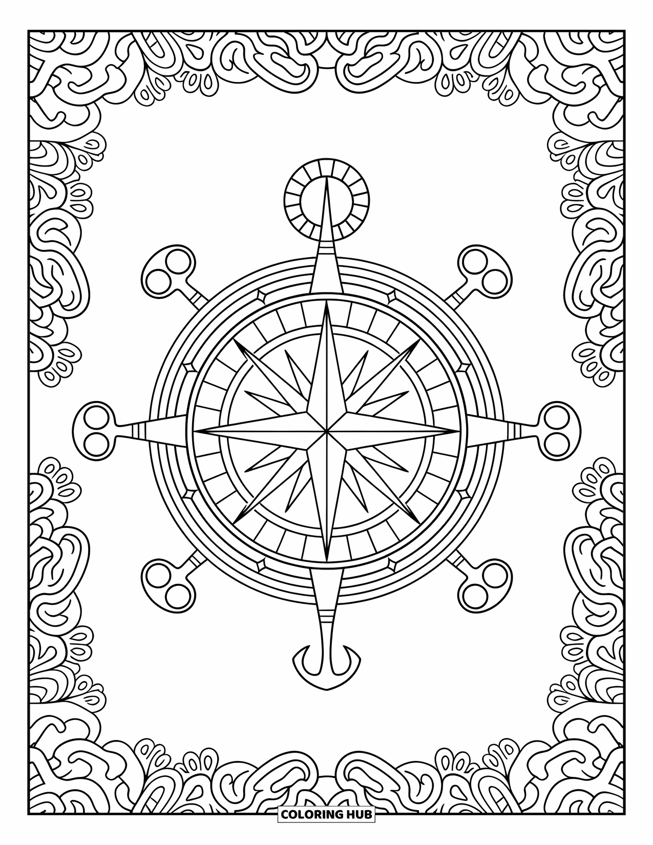 Kolorowanka z piratami dla dorosłych: Kompas żeglarski z symbolami pirackimi otoczony skomplikowanymi wzorami