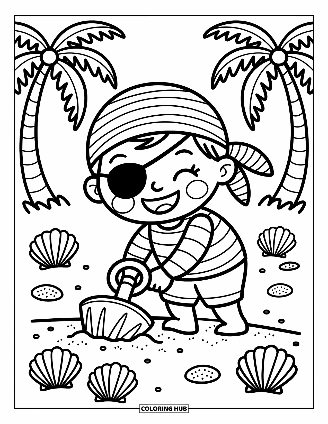 Kolorowanka z piratami dla dorosłych: Piracki chłopiec kopie w poszukiwaniu skarbu z muszelkami i palmami wokół
