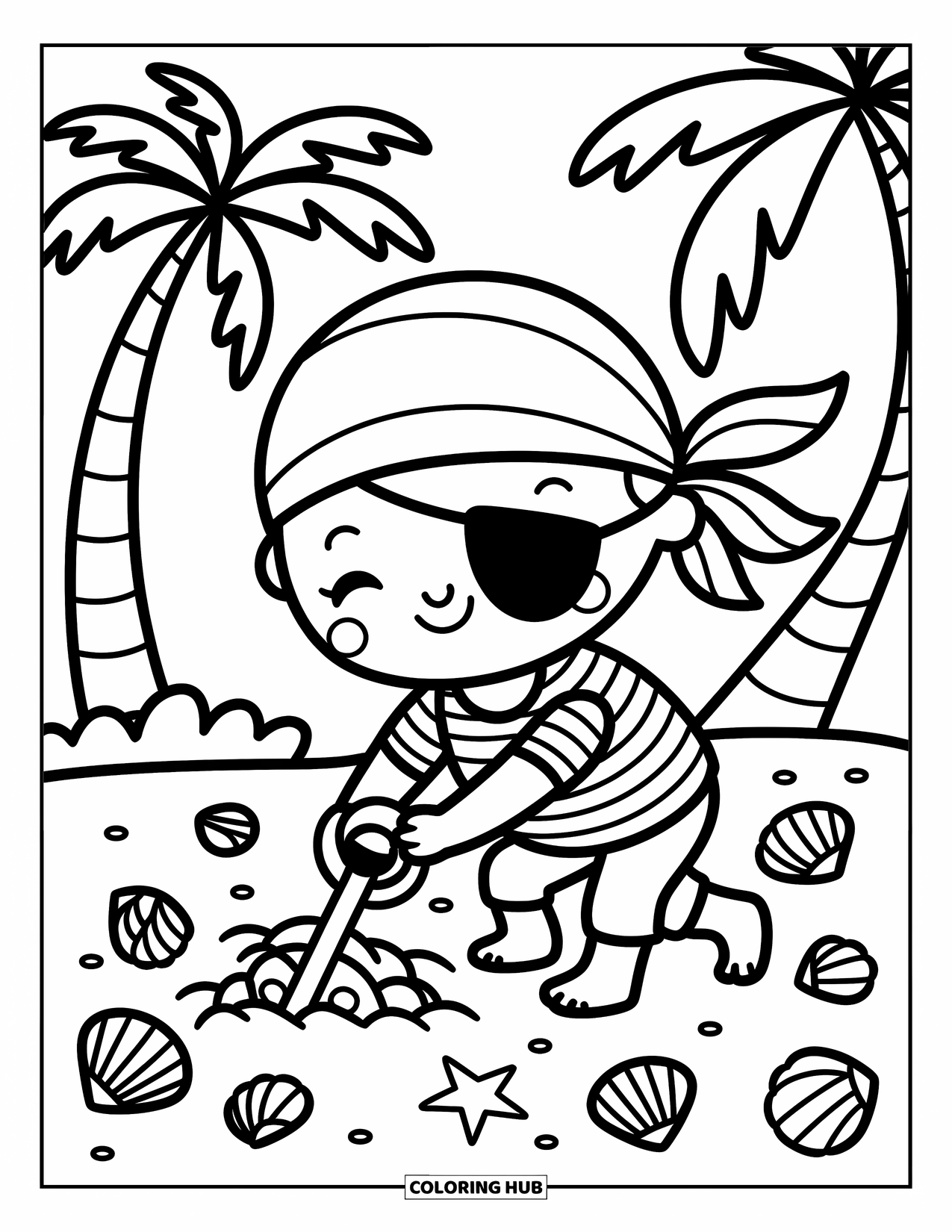 Kolorowanka z piratami dla dorosłych: Piracki chłopiec radośnie kopie w poszukiwaniu skarbu wśród muszelek i palm