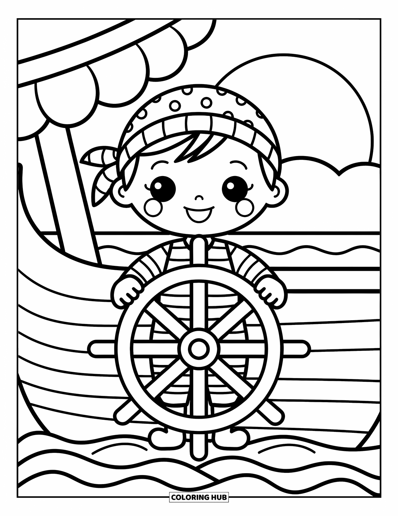 Kolorowanka z piratami dla dorosłych: Piracki chłopiec steruje kołem sterowym statku z mewami i falami wokół