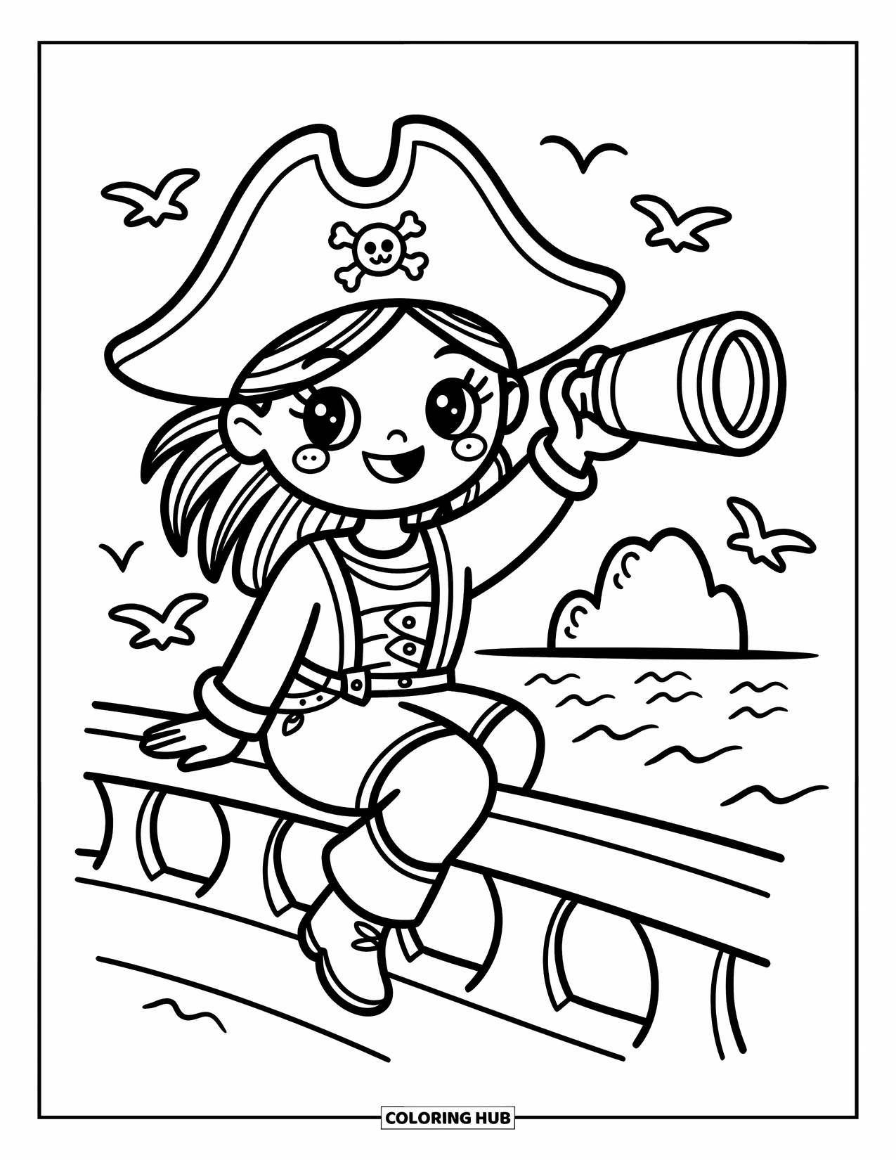 Kolorowanka z piratami dla dorosłych: Piracki chłopiec w koszulce w paski kopie w poszukiwaniu skarbu na piaszczystej plaży