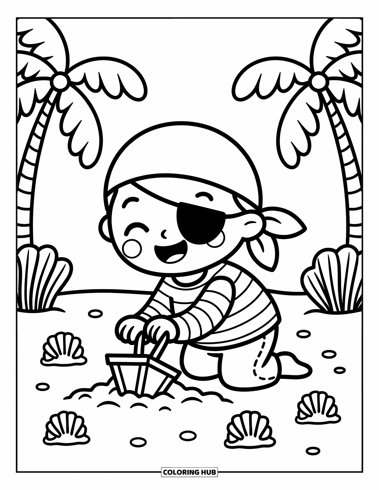 Kolorowanka z piratami dla dorosłych: Piracki chłopiec z przepaską na oku kopie w poszukiwaniu skarbu na piaszczystej plaży