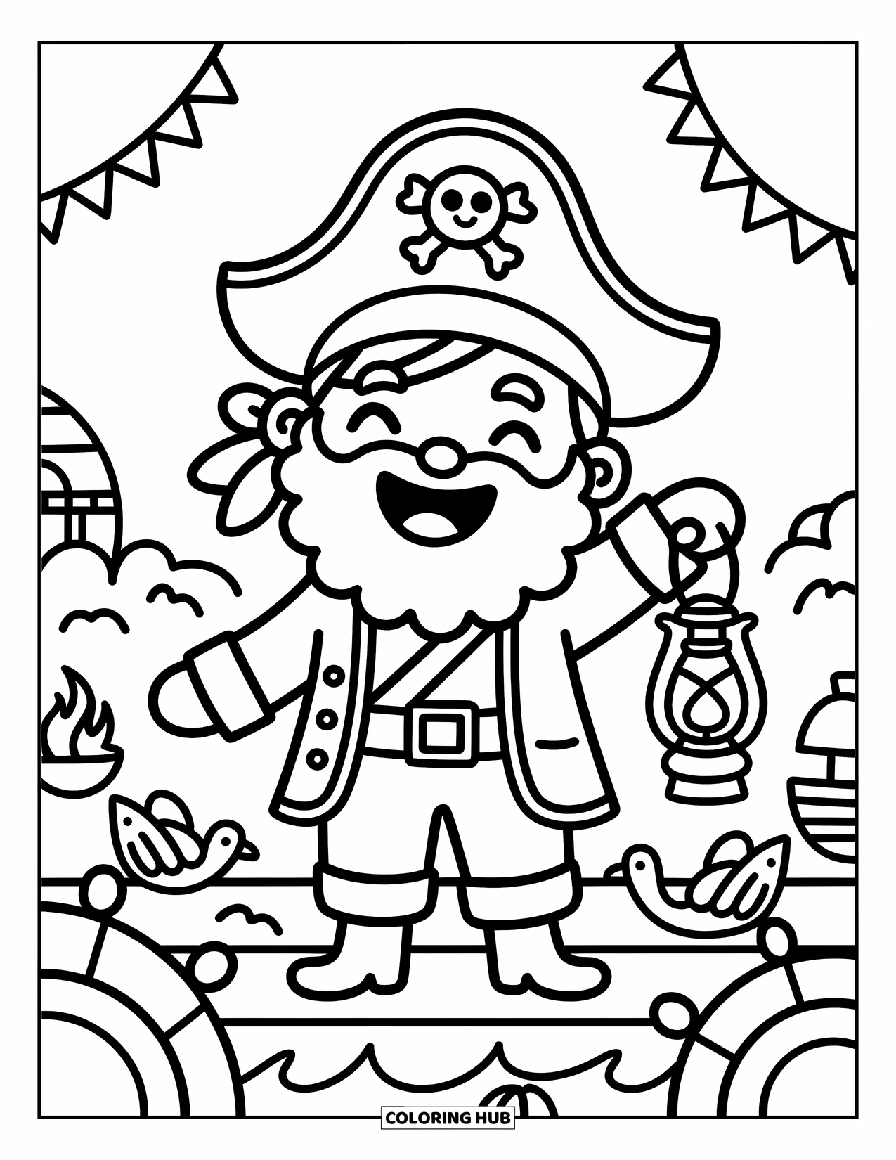 Kolorowanka z piratami dla dorosłych: Kapitan piratów z brodą i latarnią śmieje się na przytulnym pokładzie statku