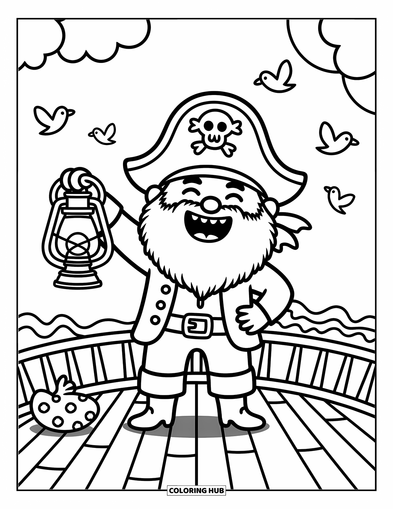 Kolorowanka z piratami dla dorosłych: Kapitan piratów z puszystą brodą śmieje się z latarnią na pokładzie statku