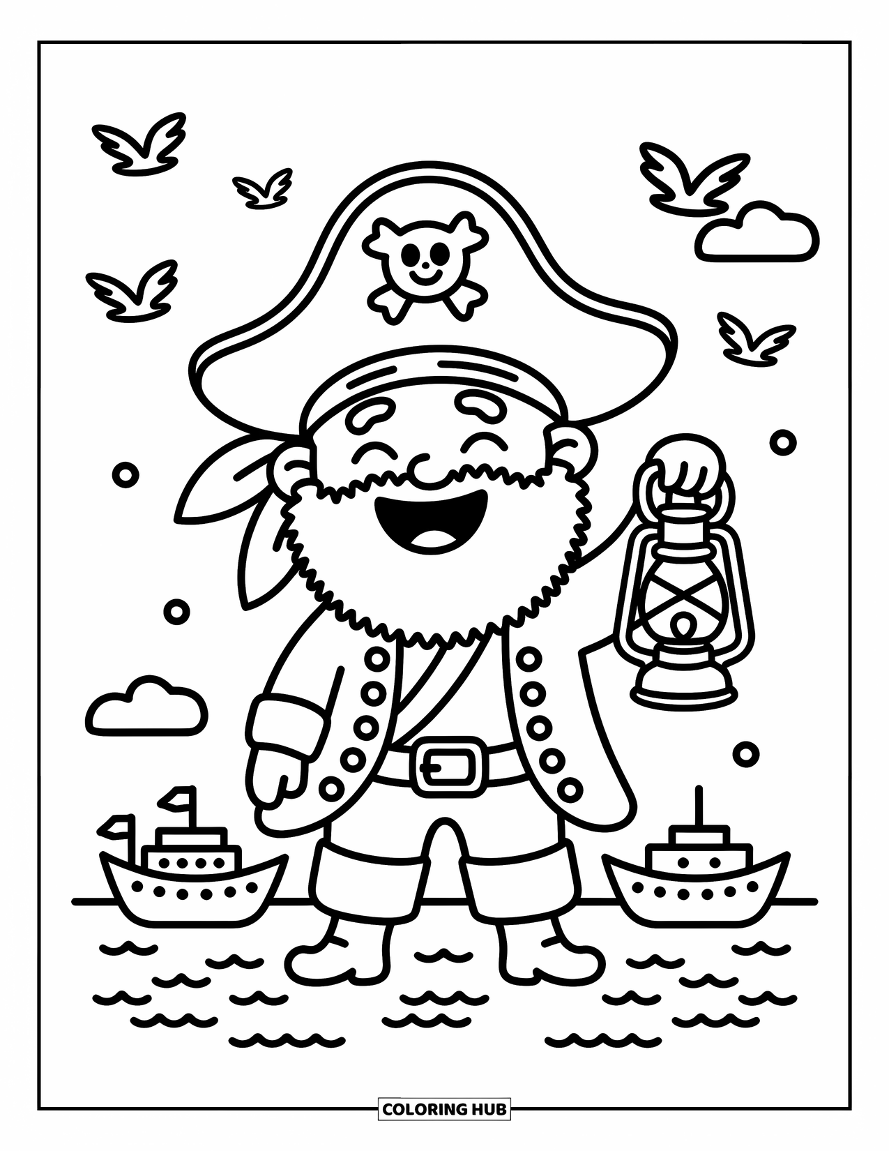 Kolorowanka z piratami dla dorosłych: Kapitan piratów z latarnią śmieje się na pokładzie z mewami wokół