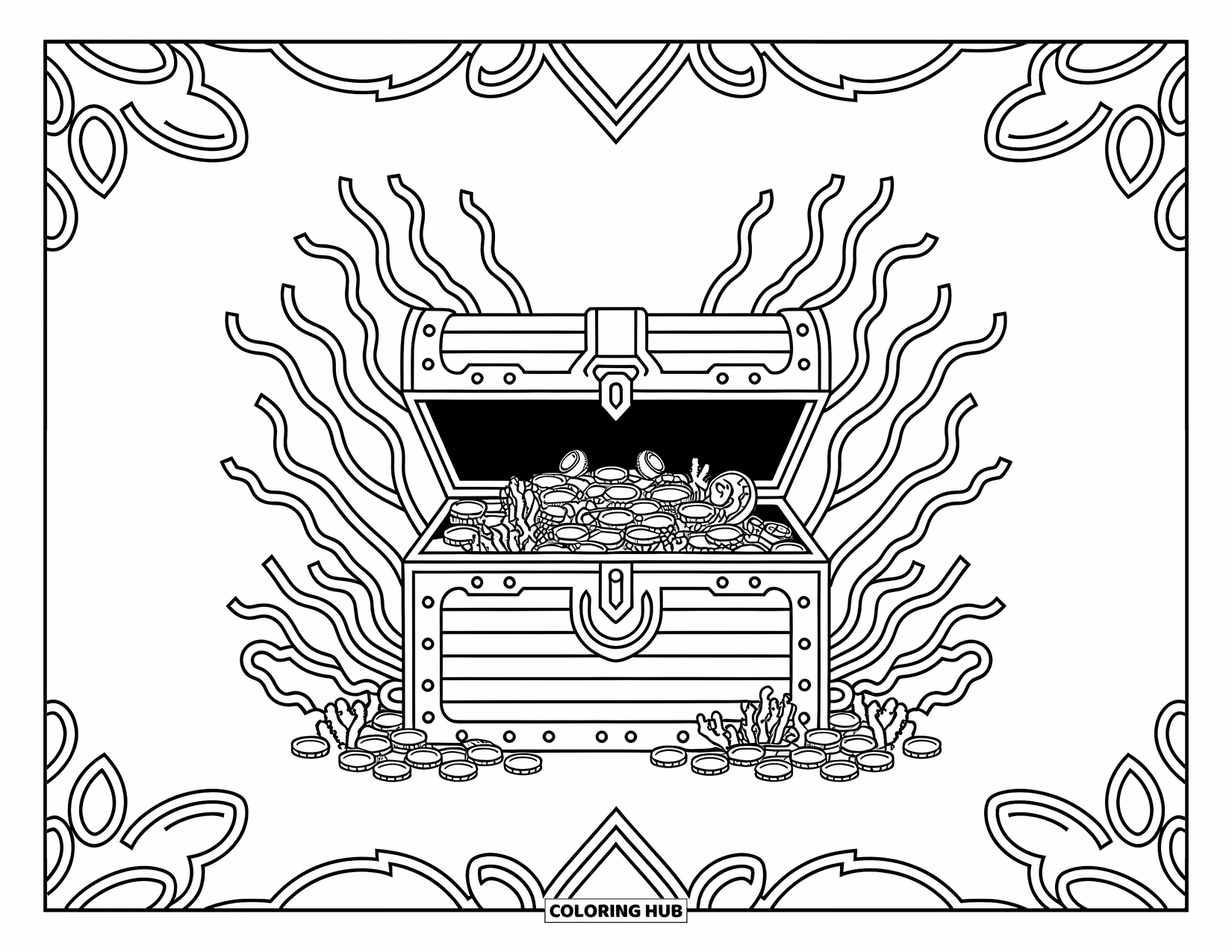Kolorowanka z piratami dla dorosłych: Piracka skrzynia wypełniona po brzegi monetami i klejnotami, otoczona szczegółowymi wzorami