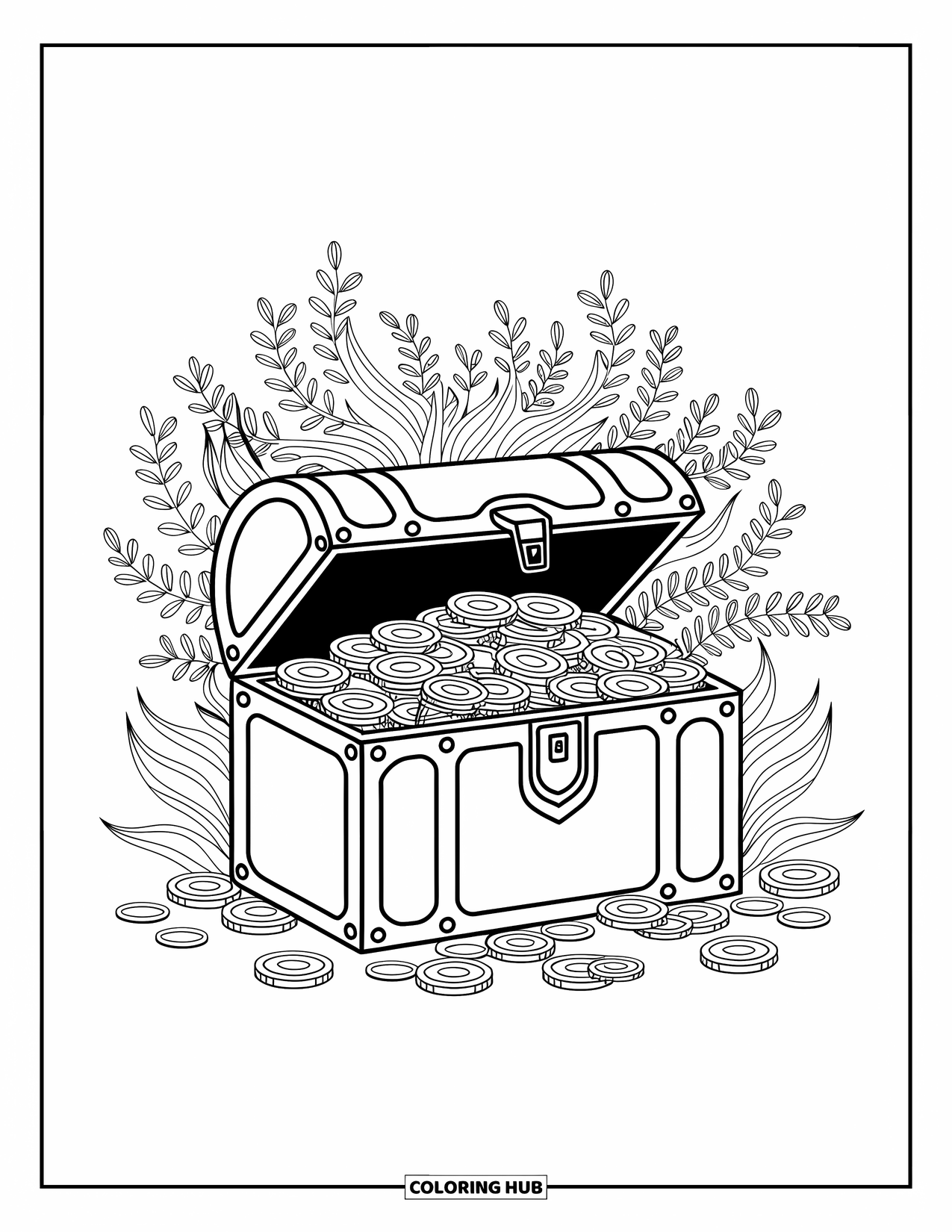 Kolorowanka z piratem dla dorosłych: Piracka skrzynia wypełniona monetami, klejnotami i wodorostami, otoczona szczegółowymi motywami