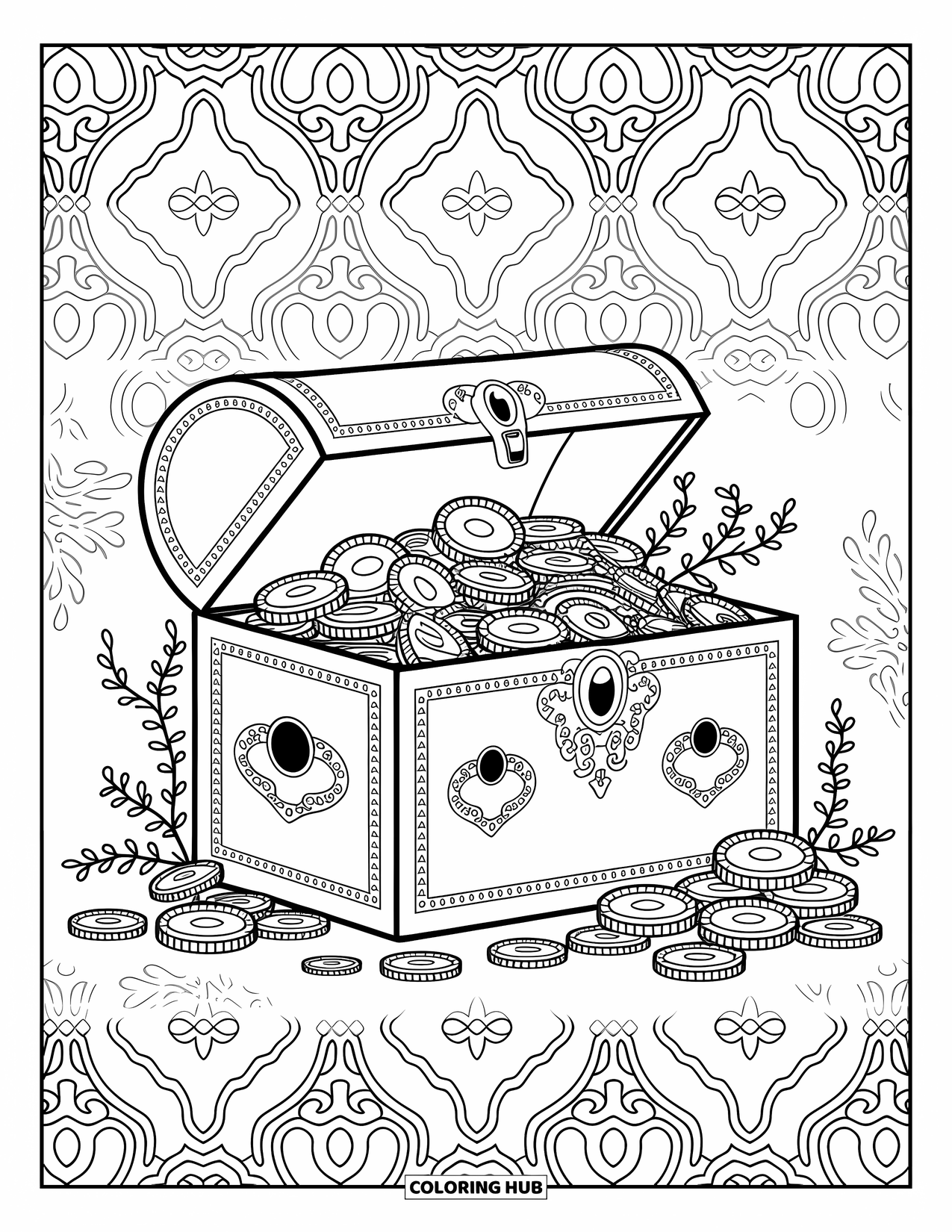 Kolorowanka z piratami dla dorosłych: Piracka skrzynia wypełniona monetami, klejnotami i wodorostami ozdobiona skomplikowanymi detalami