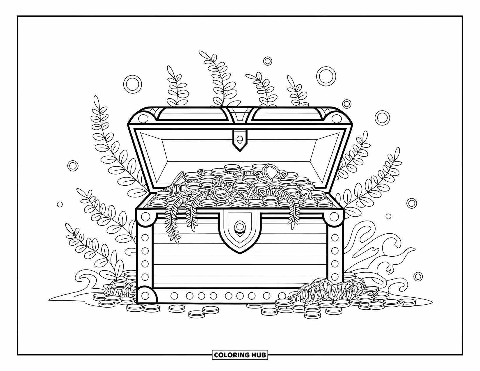 Kolorowanka z piratami dla dorosłych: Piracka skrzynia wypełniona monetami, klejnotami i wodorostami otoczona eleganckimi wzorami