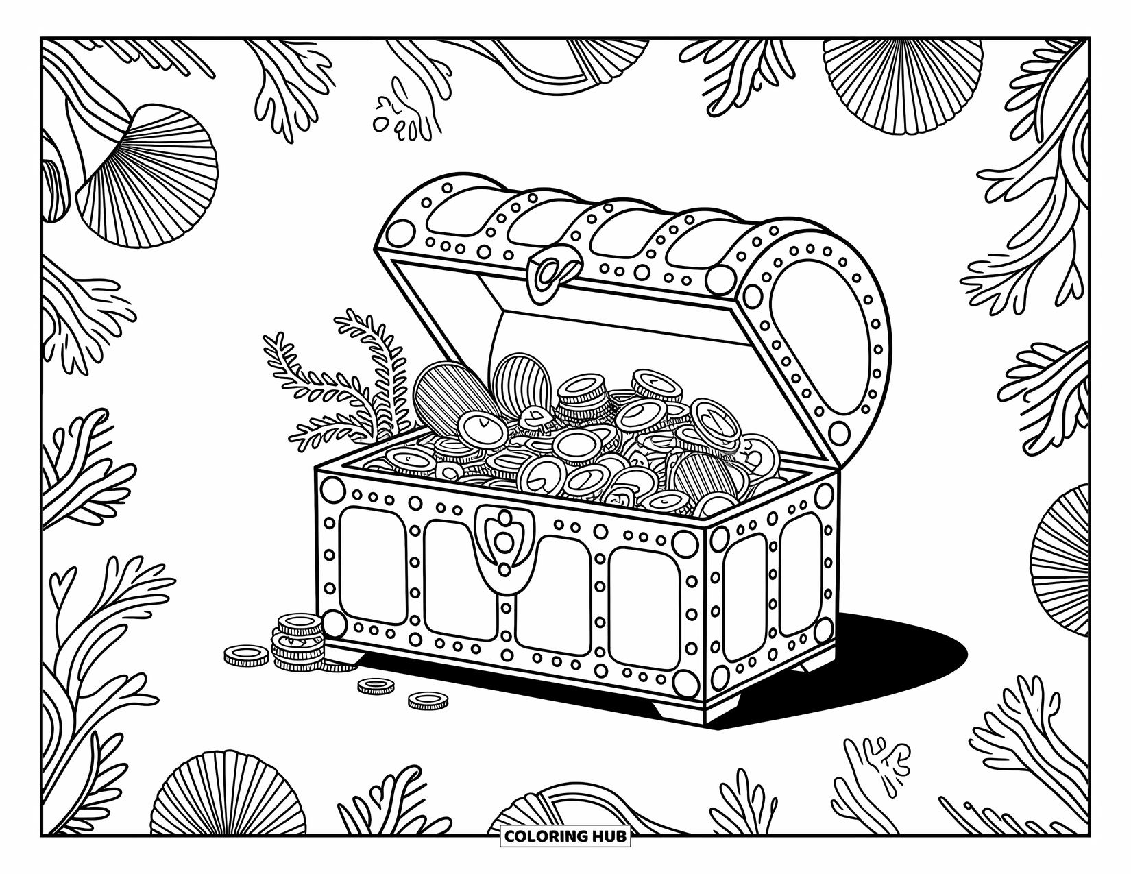 Kolorowanka z piratami dla dorosłych: Piracka skrzynia przepełniona monetami, klejnotami i wodorostami ze skomplikowanymi motywami żeglarskimi