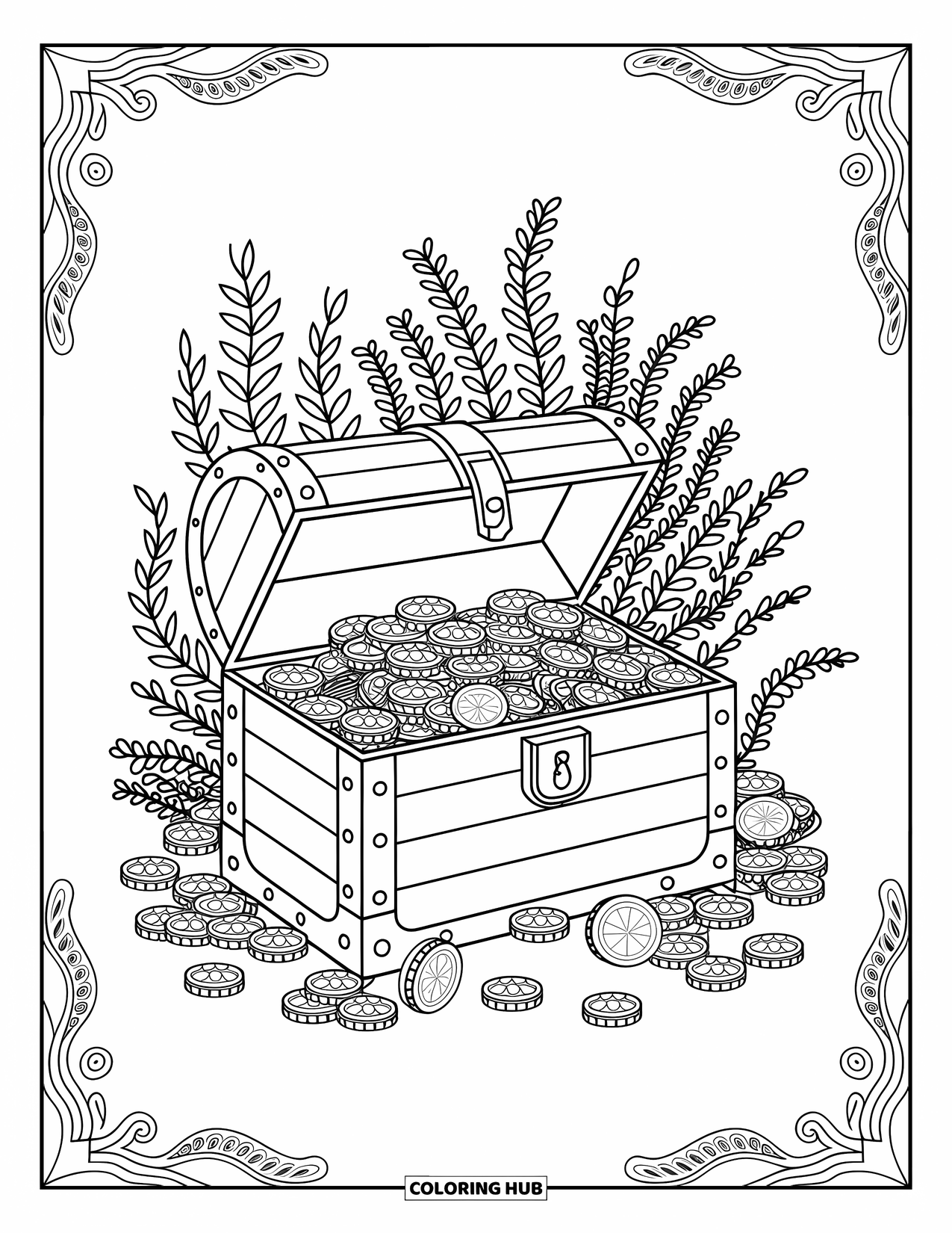 Kolorowanka z piratem dla dorosłych: Piracka skrzynia przepełniona monetami, klejnotami i wodorostami ze skomplikowanymi wzorami