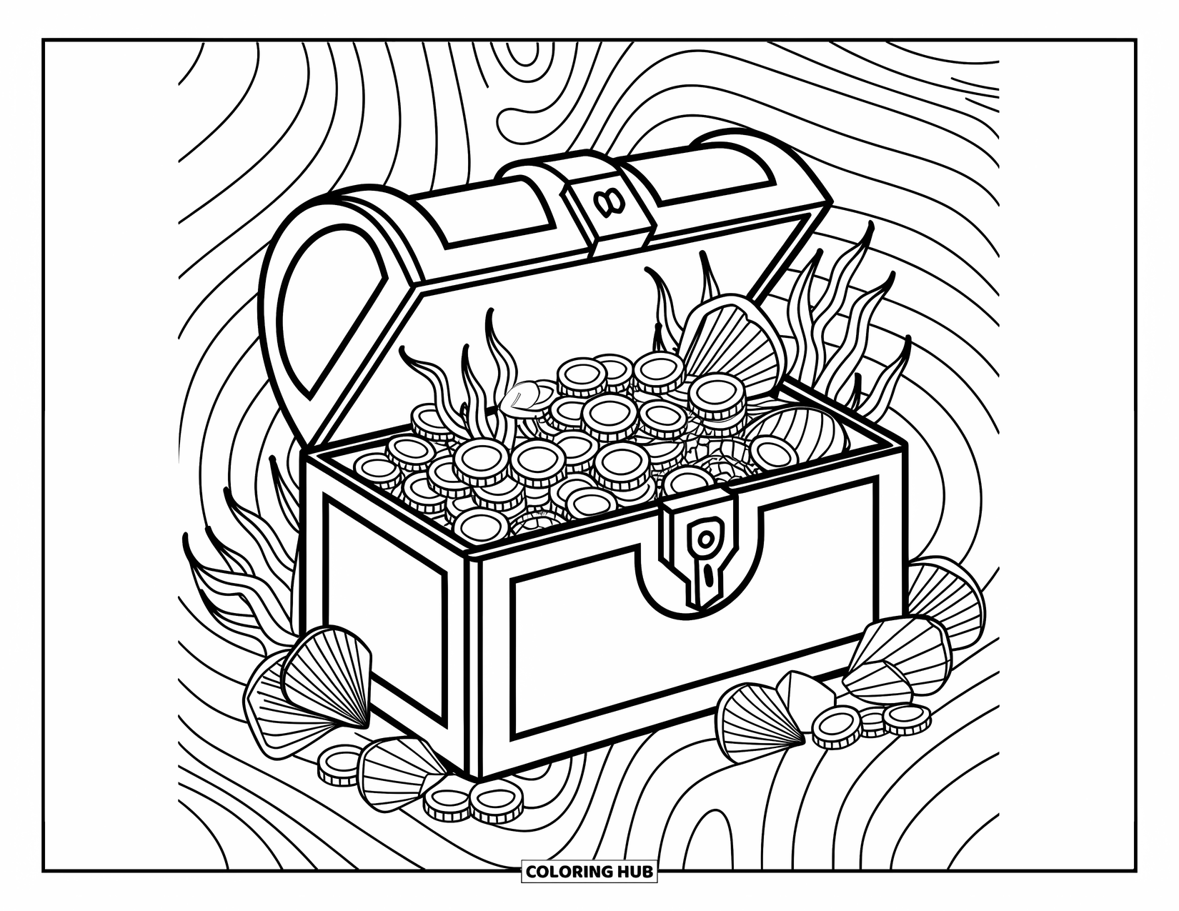 Kolorowanka z piratami dla dorosłych: Piracka skrzynia z monetami, klejnotami i wodorostami pośród skomplikowanych detali żeglarskich