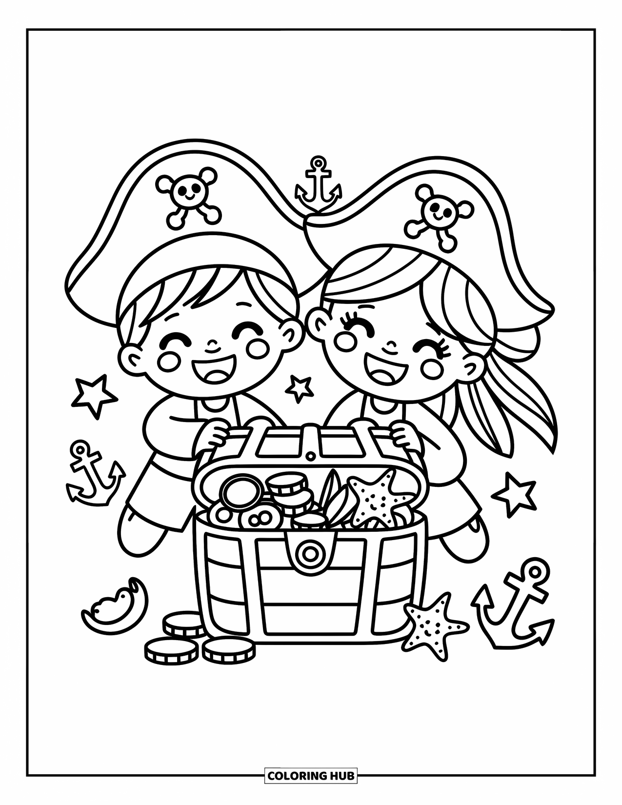 Kolorowanka z piratami dla dorosłych: Piracki duet dzieli skrzynię wypełnioną monetami, klejnotami i rozgwiazdami
