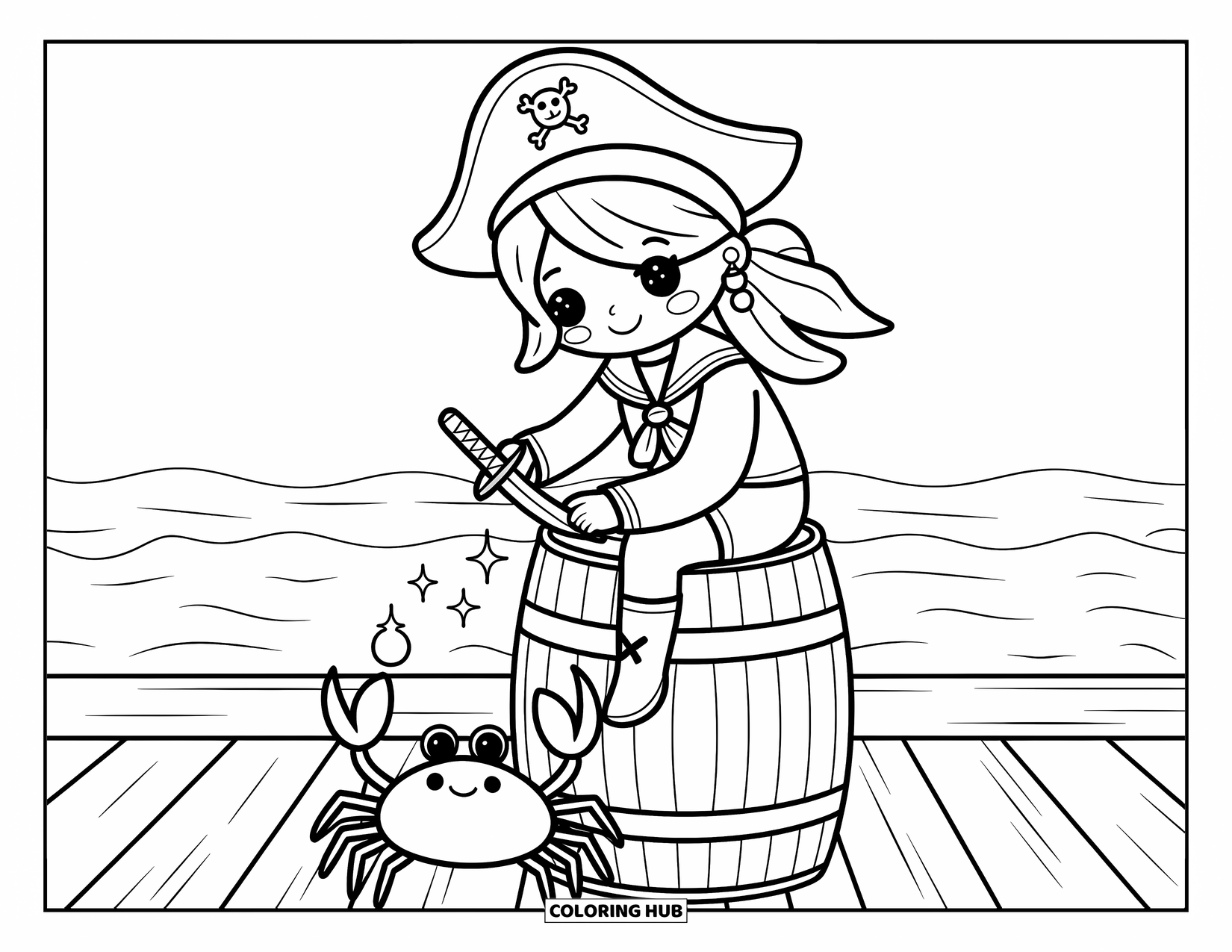 Kolorowanka z piratami dla dorosłych: Piratka na beczce poleruje miecz z krabem w pobliżu