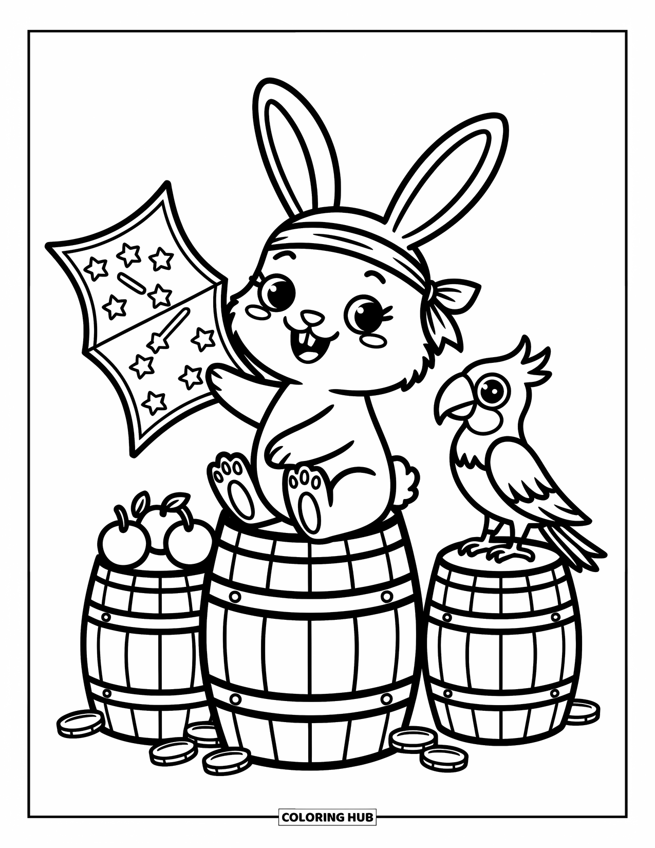 Kolorowanka z piratami dla dorosłych: Piratka na relingu statku wskazuje lunetą na wyspę