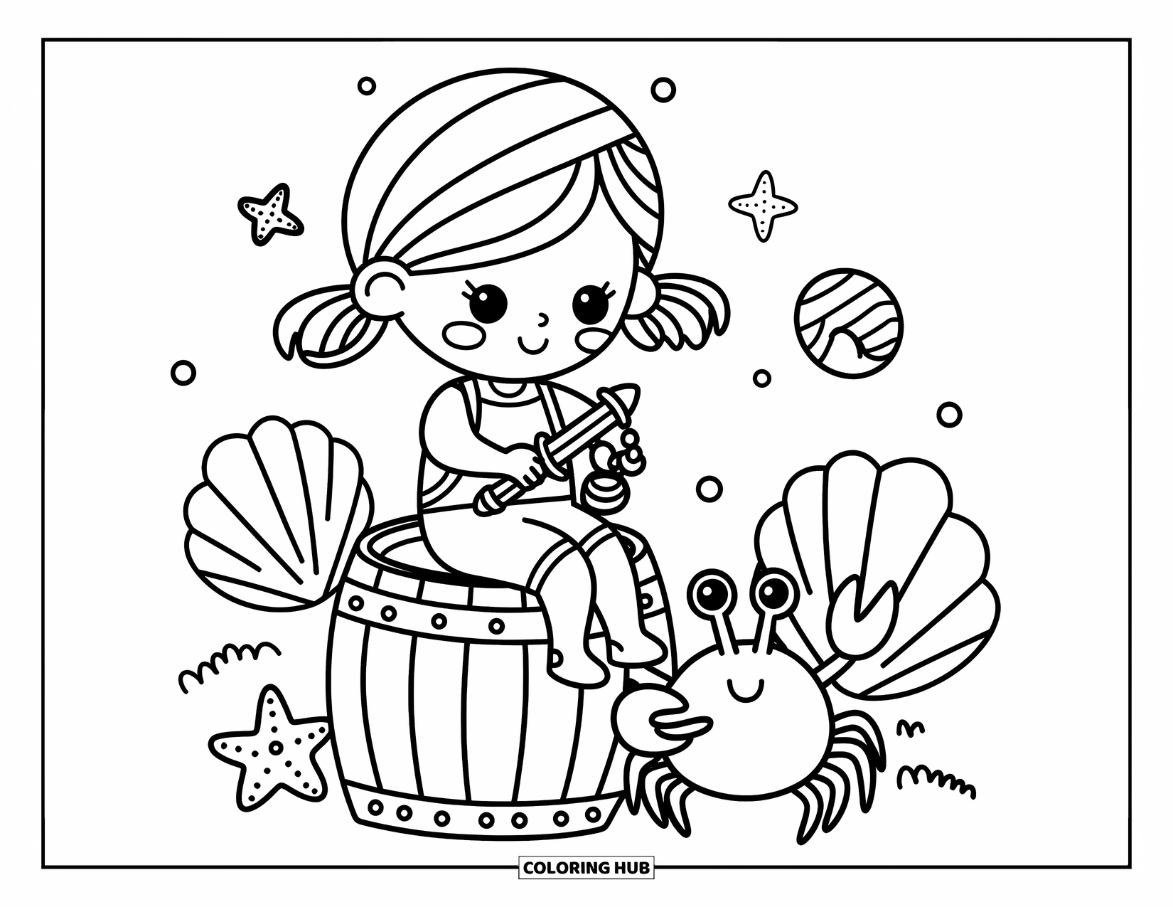 Kolorowanka z piratami dla dorosłych: Piratka poleruje maleńki miecz, a krab trzyma perłę