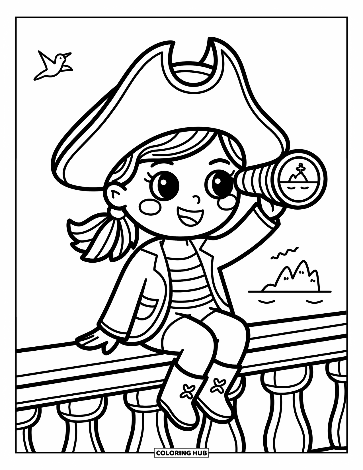 Kolorowanka z piratami dla dorosłych: Piratka w trójrożnym kapeluszu i lunetą wskazuje na wyspę