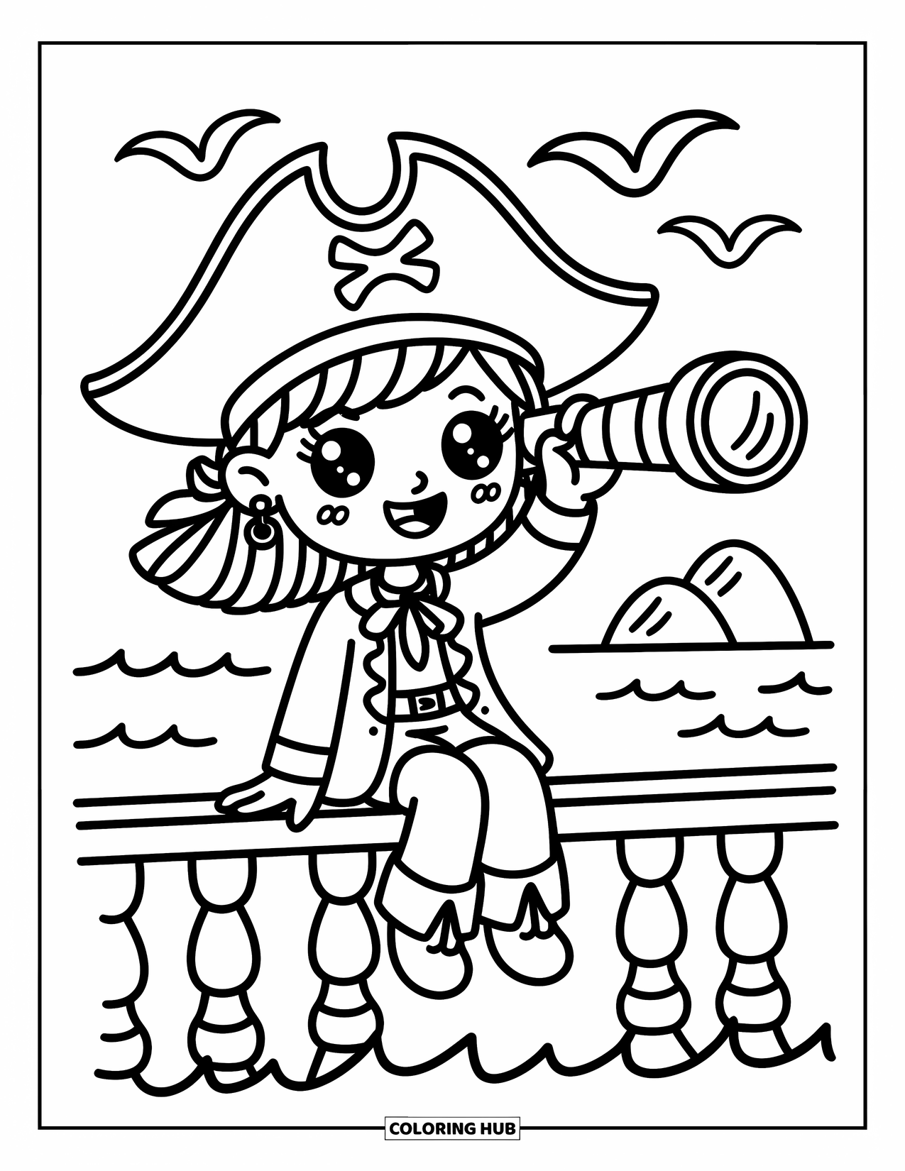 Kolorowanka z piratami dla dorosłych: Piratka w trójrożnym kapeluszu wskazuje lunetą na wyspę