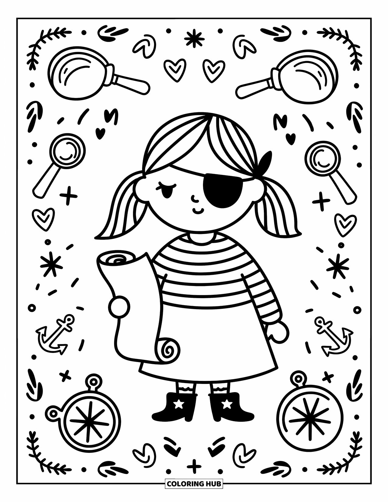 Kolorowanka z piratami dla dorosłych: Piratka z warkoczykami czyta zwój otoczona lunetami