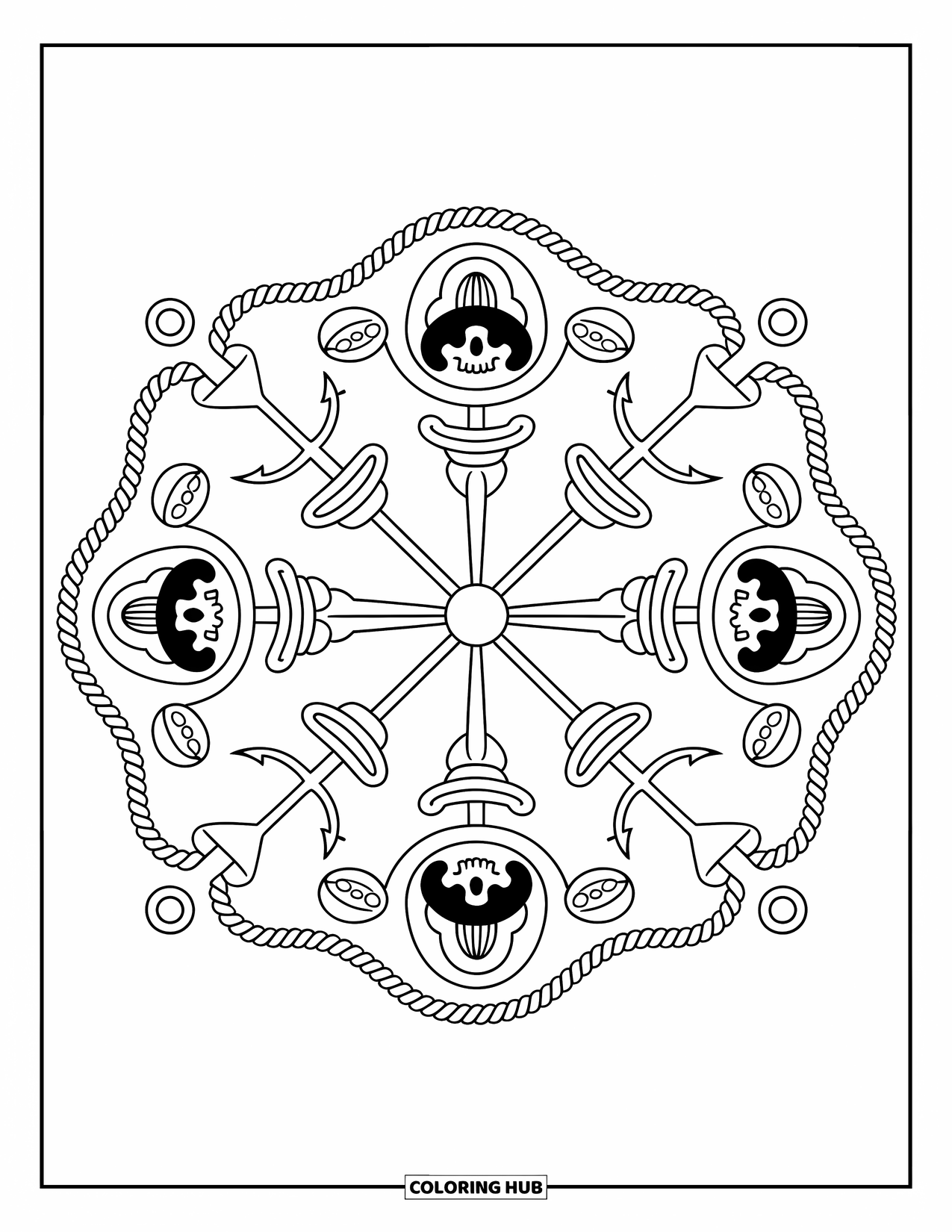 Kolorowanka z piratami dla dorosłych: Piracka mandala z czaszkami, mieczami i kotwicami ułożonymi w skomplikowany okrągły wzór