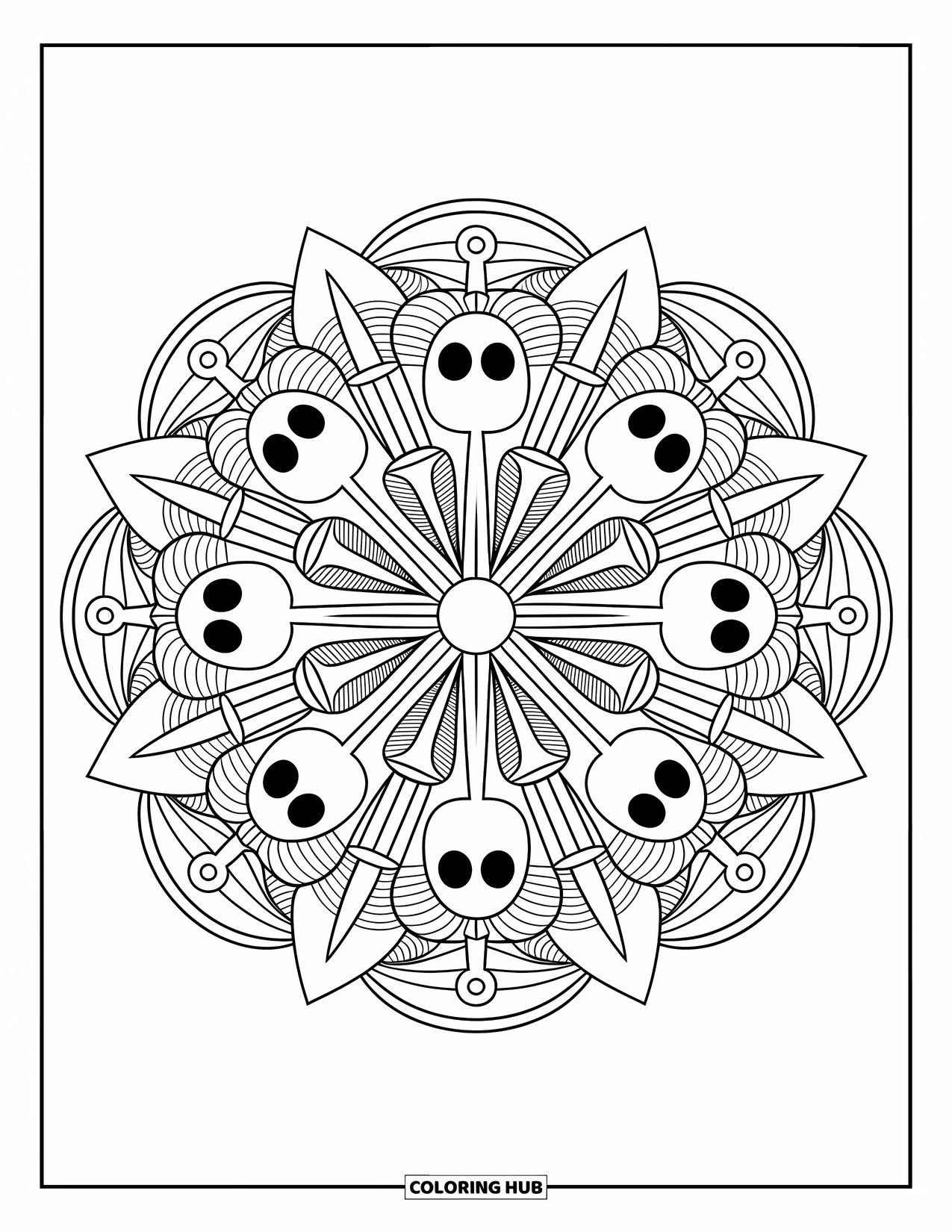 Kolorowanka z piratami dla dorosłych: Piracka mandala z czaszkami, mieczami i kotwicami wplecionymi w hipnotyzujący okrągły wzór