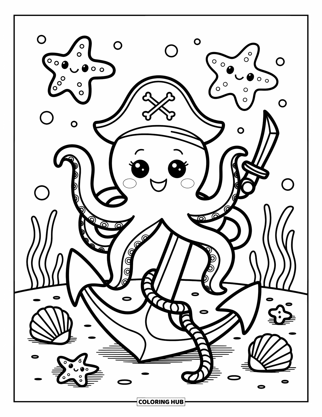 Kolorowanka z piratami dla dorosłych: Piracki ośmiornica z drewnianym mieczem bawi się rozgwiazdami i muszelkami