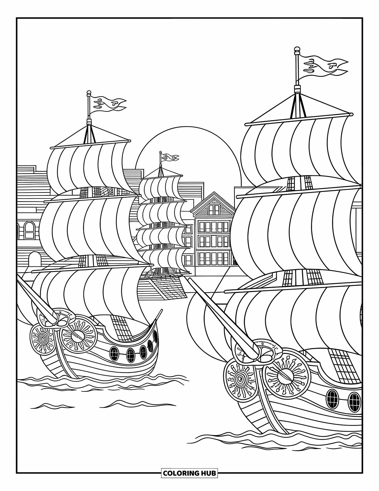 Kolorowanka z piratami dla dorosłych: Piracki port o zachodzie słońca ze statkami i szczegółowymi motywami żeglarskimi