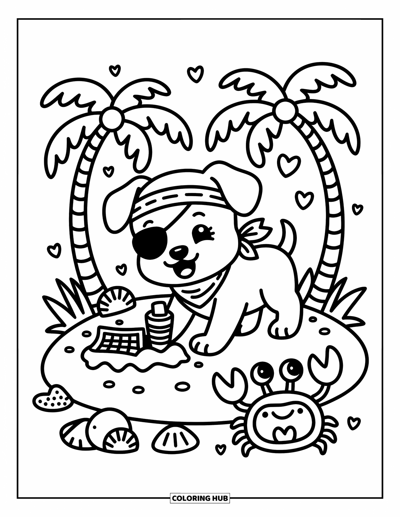 Kolorowanka z piratami dla dorosłych: Piracki szczeniak kopie w poszukiwaniu skarbu na wyspie z palmami i krabem