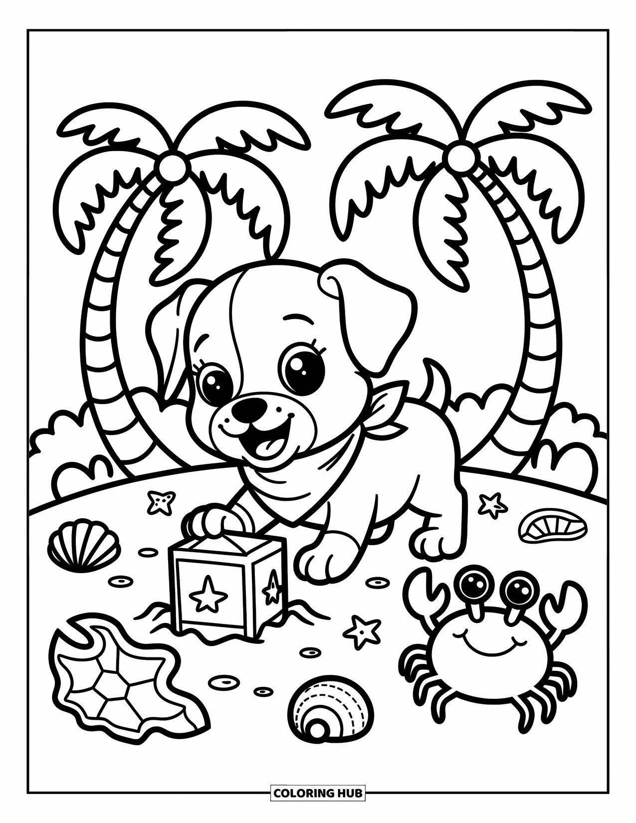 Kolorowanka z piratami dla dorosłych: Piracki szczeniak kopie w poszukiwaniu skarbu z krabem trzymającym mapę w pobliżu