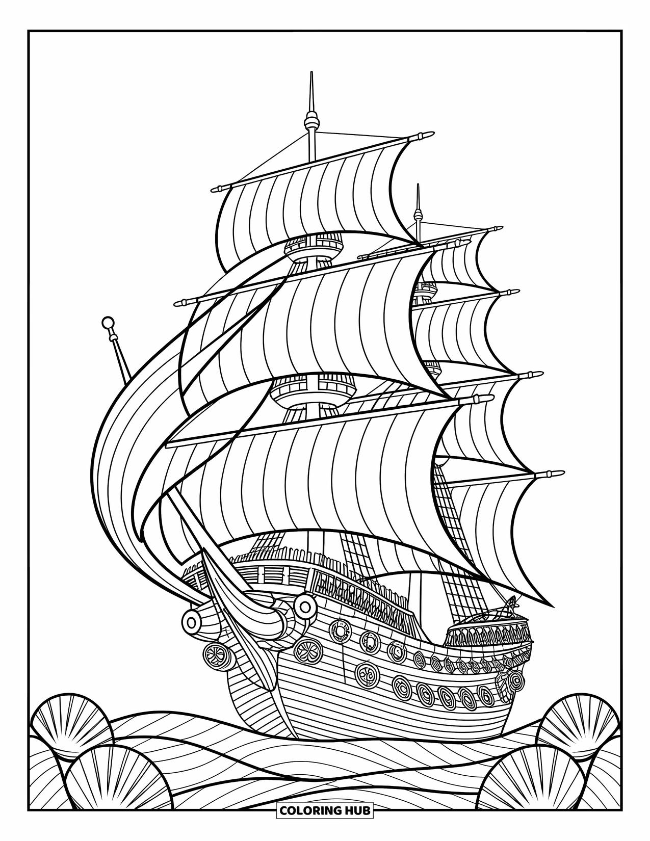 Kolorowanka z piratem dla dorosłych: Statek piracki ze szczegółowymi żaglami, linami i skomplikowanymi rzeźbieniami