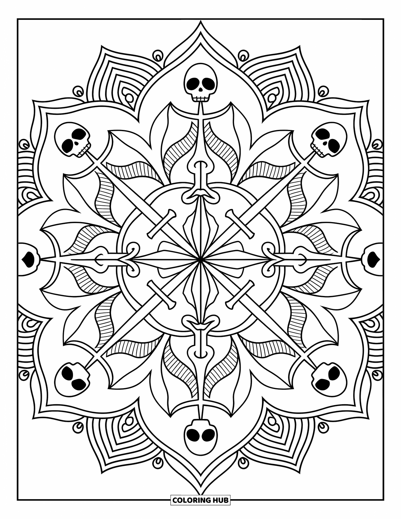 Kolorowanka z piratami dla dorosłych: Mandala o tematyce pirackiej z kotwicami, mieczami i czaszkami otoczona skomplikowanymi wzorami
