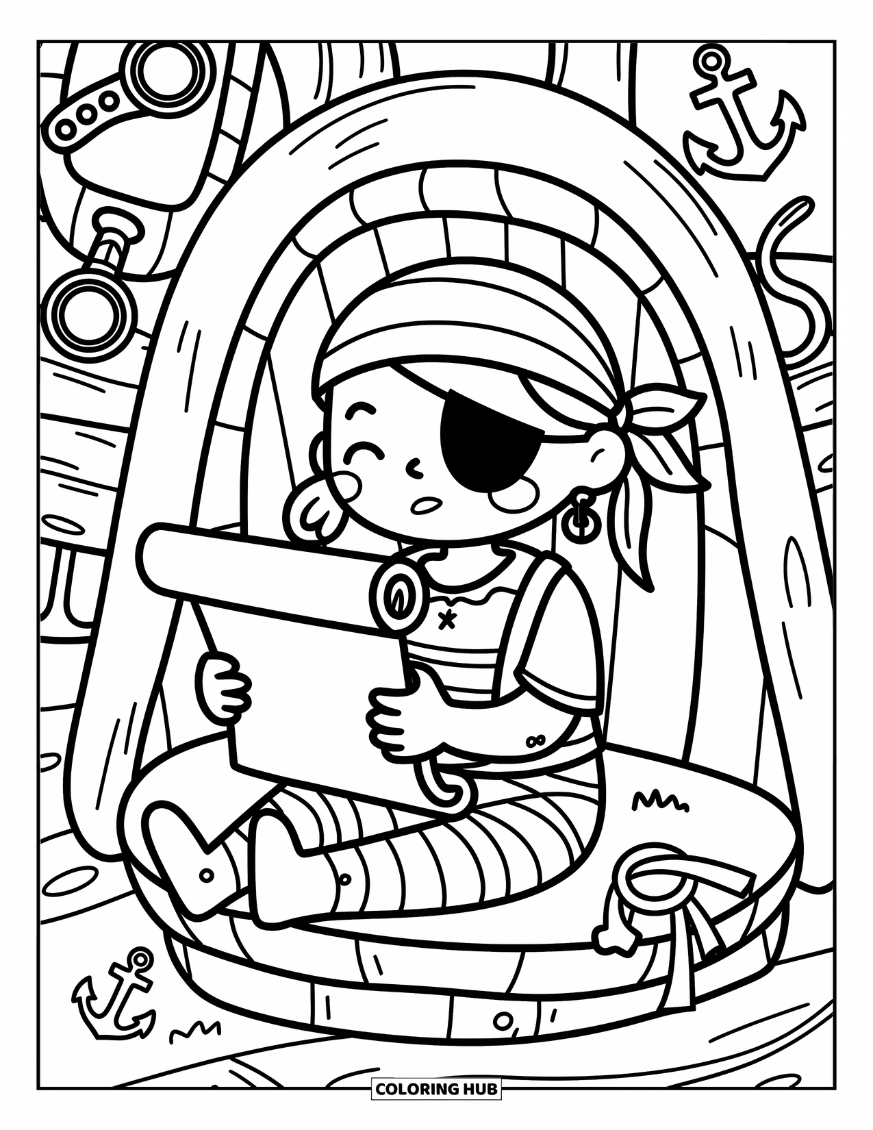 Kolorowanka z piratami dla dorosłych: Zaskoczona piratka czyta zwój z lunetami i kotwicami w pobliżu