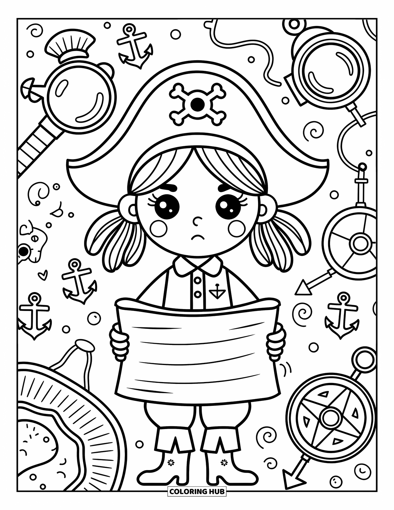 Kolorowanka z piratami dla dorosłych: Zaskoczona piratka czyta zwój z lunetami i kompasami wokół