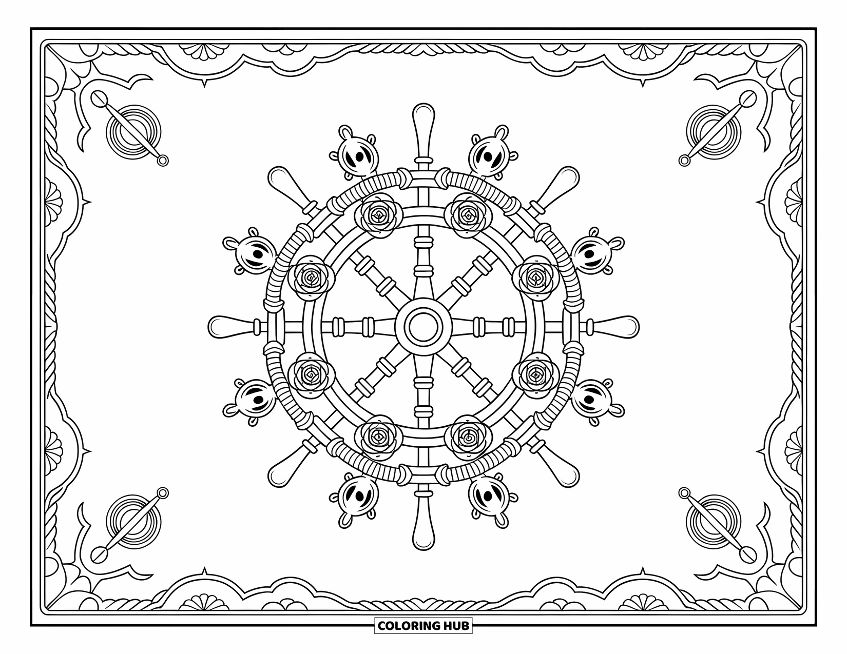 Kolorowanka z piratami dla dorosłych: Koło sterowe statku z różami i linami, ozdobione skomplikowanymi wzorami