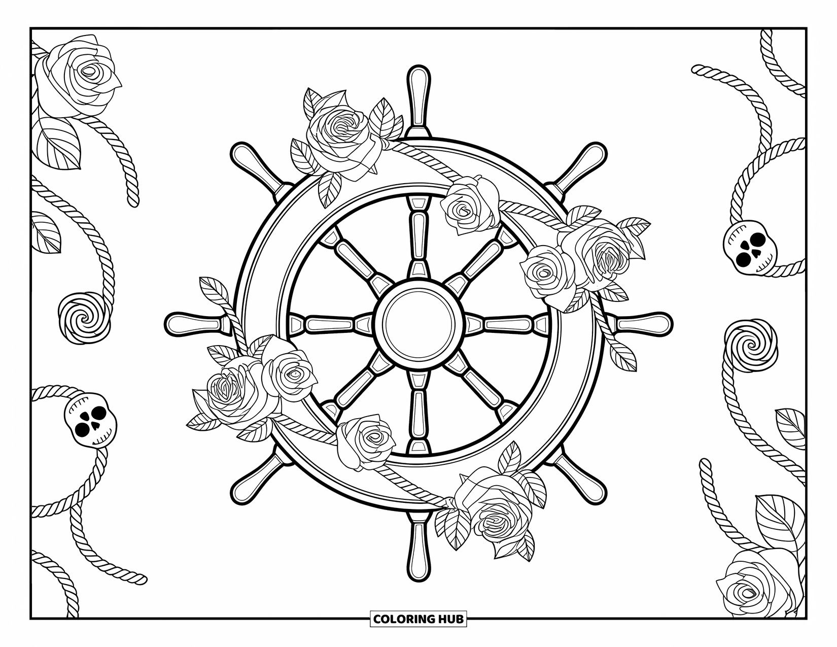 Kolorowanka z piratami dla dorosłych: Koło sterowe statku z różami, linami i czaszkami, wypełnione szczegółowymi wzorami