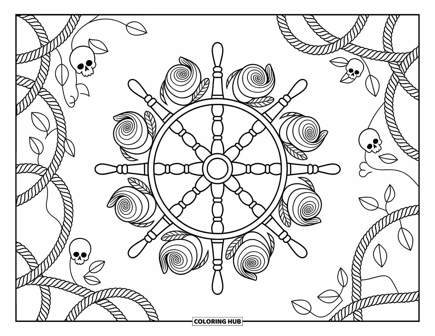 Kolorowanka z piratami dla dorosłych: Koło sterowe statku z różami, linami i czaszkami, otoczone szczegółowymi motywami