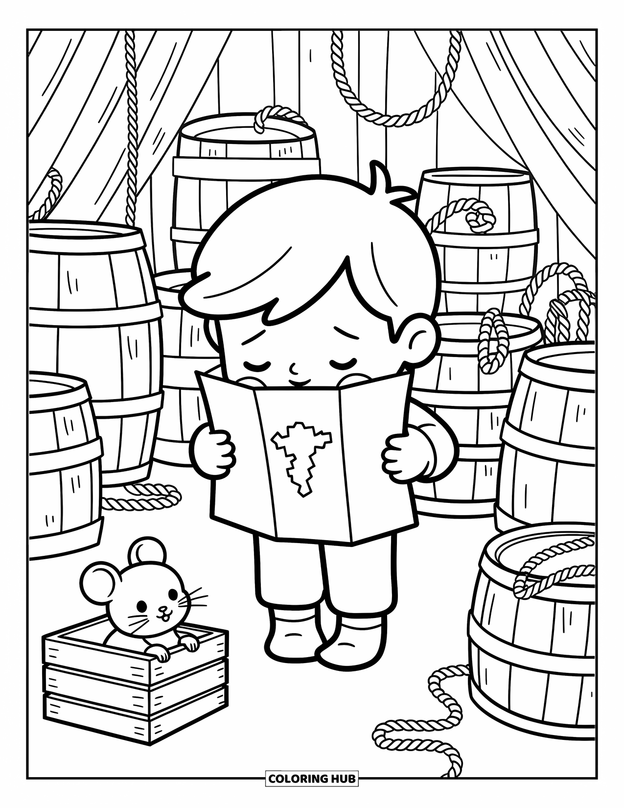 Kolorowanka z piratami dla dorosłych: Nieśmiały chłopiec okrętowy obejmuje mapę z ciekawską myszką w pobliżu