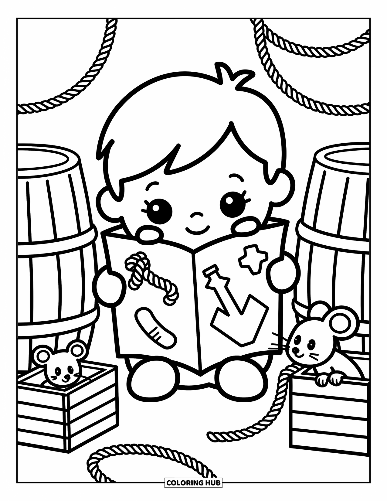 Kolorowanka z piratami dla dorosłych: Nieśmiały chłopiec okrętowy przytula mapę, a myszka wygląda ze skrzyni