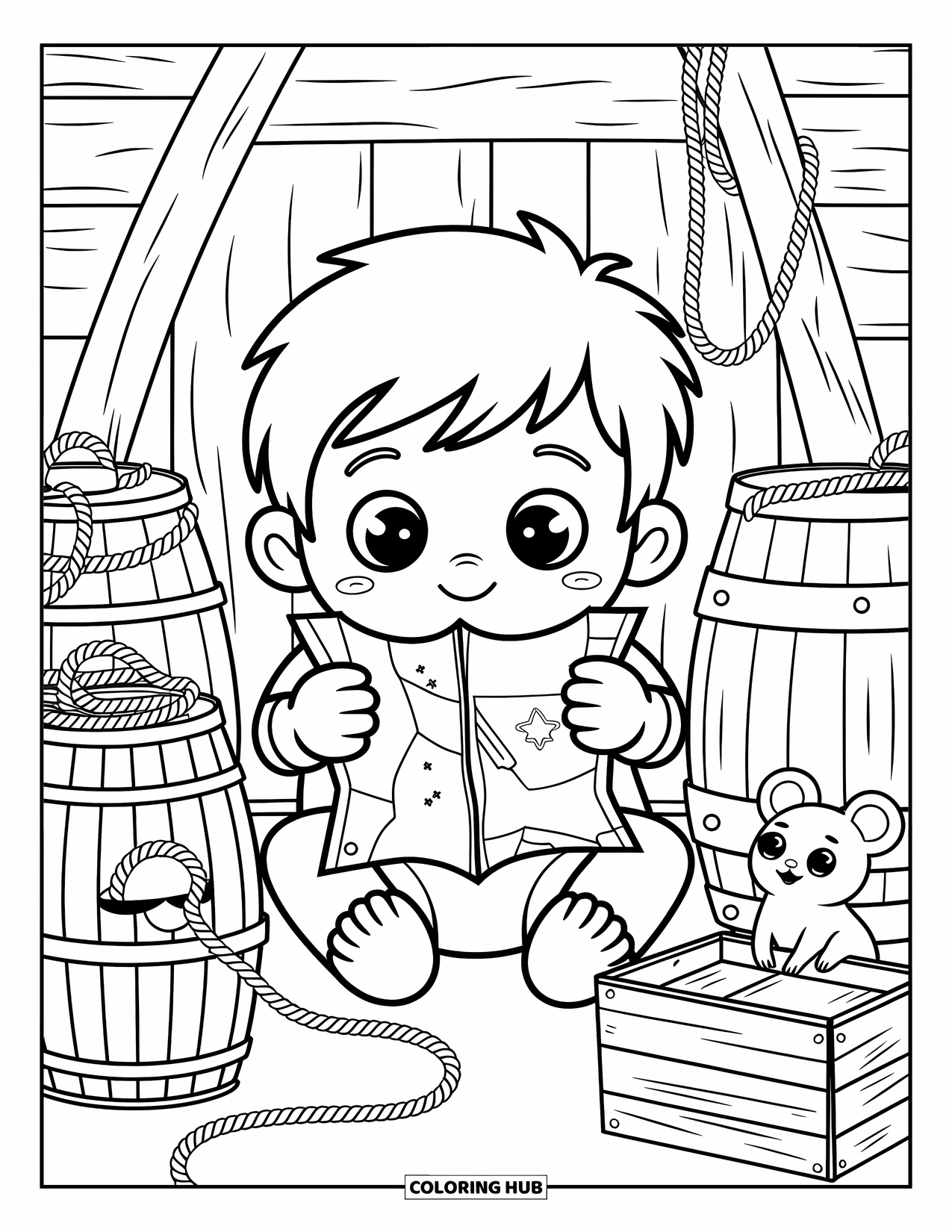 Kolorowanka z piratami dla dorosłych: Nieśmiały chłopiec okrętowy przytula mapę skarbów, a myszka wygląda ze skrzyni