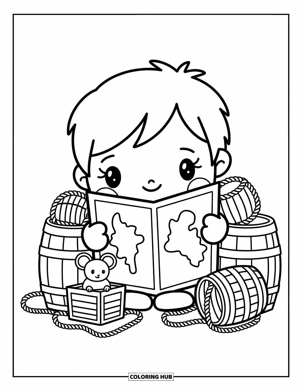 Kolorowanka z piratami dla dorosłych: Nieśmiały chłopiec okrętowy z mapą i ciekawską myszką w przytulnej kabinie