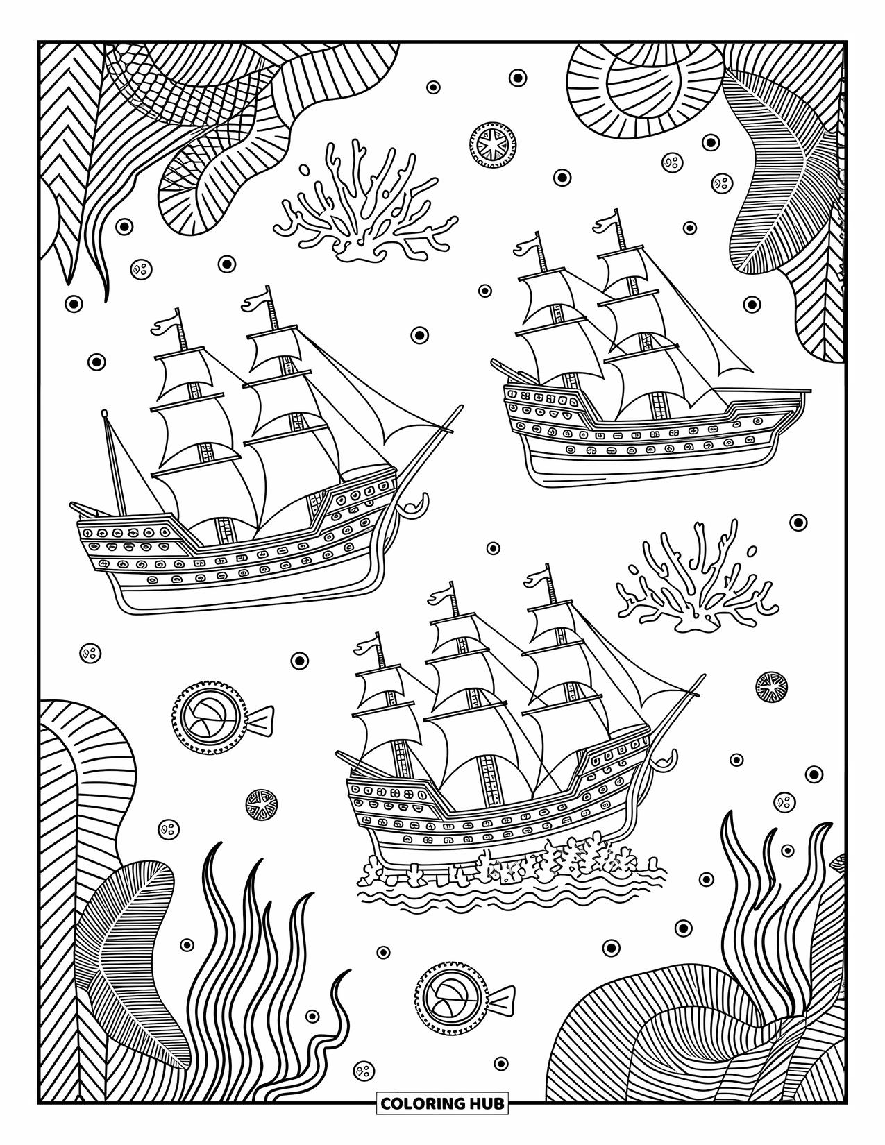 Kolorowanka z piratami dla dorosłych: Zatopiony statek piracki z koralowcami i skarbami w podwodnej scenerii