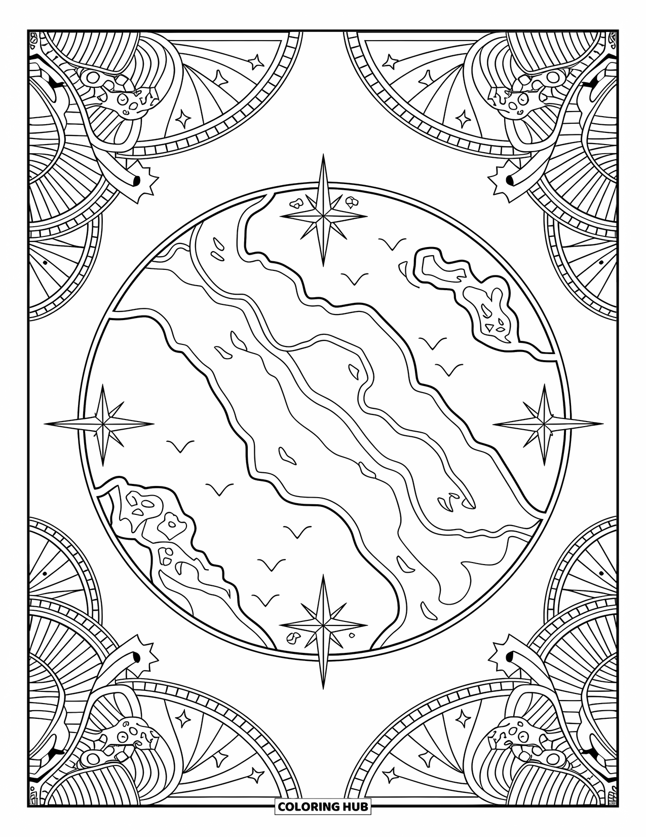 Kolorowanka z piratem dla dorosłych: Mapa skarbów ozdobiona morskimi stworzeniami, różami kompasowymi i skomplikowanymi wzorami