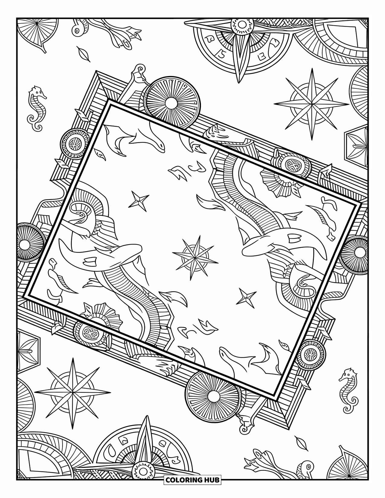 Kolorowanka z piratem dla dorosłych: Mapa skarbów z morskimi stworzeniami i różami kompasowymi, wypełniona ozdobnymi wzorami