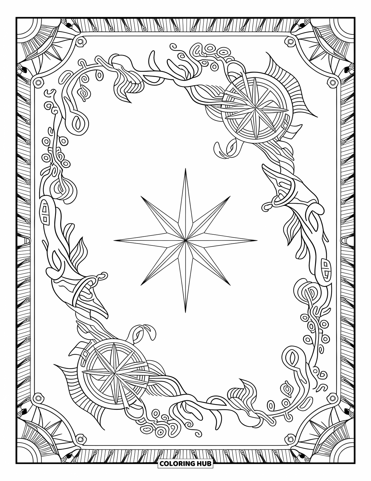 Kolorowanka z piratami dla dorosłych: Mapa skarbów ze stworzeniami morskimi i różami kompasowymi otoczona skomplikowanymi wzorami