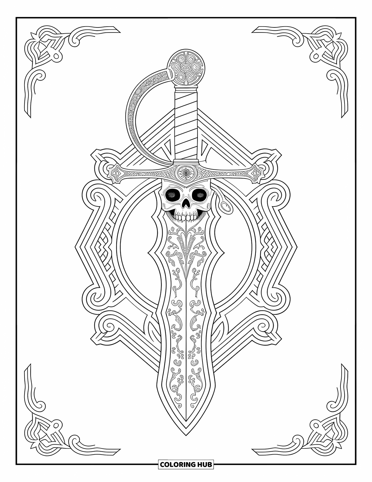 Kolorowanka z piratami dla dorosłych: Ozdobny miecz z rękojeścią w kształcie czaszki i grawerunkami, otoczony szczegółowymi wzorami