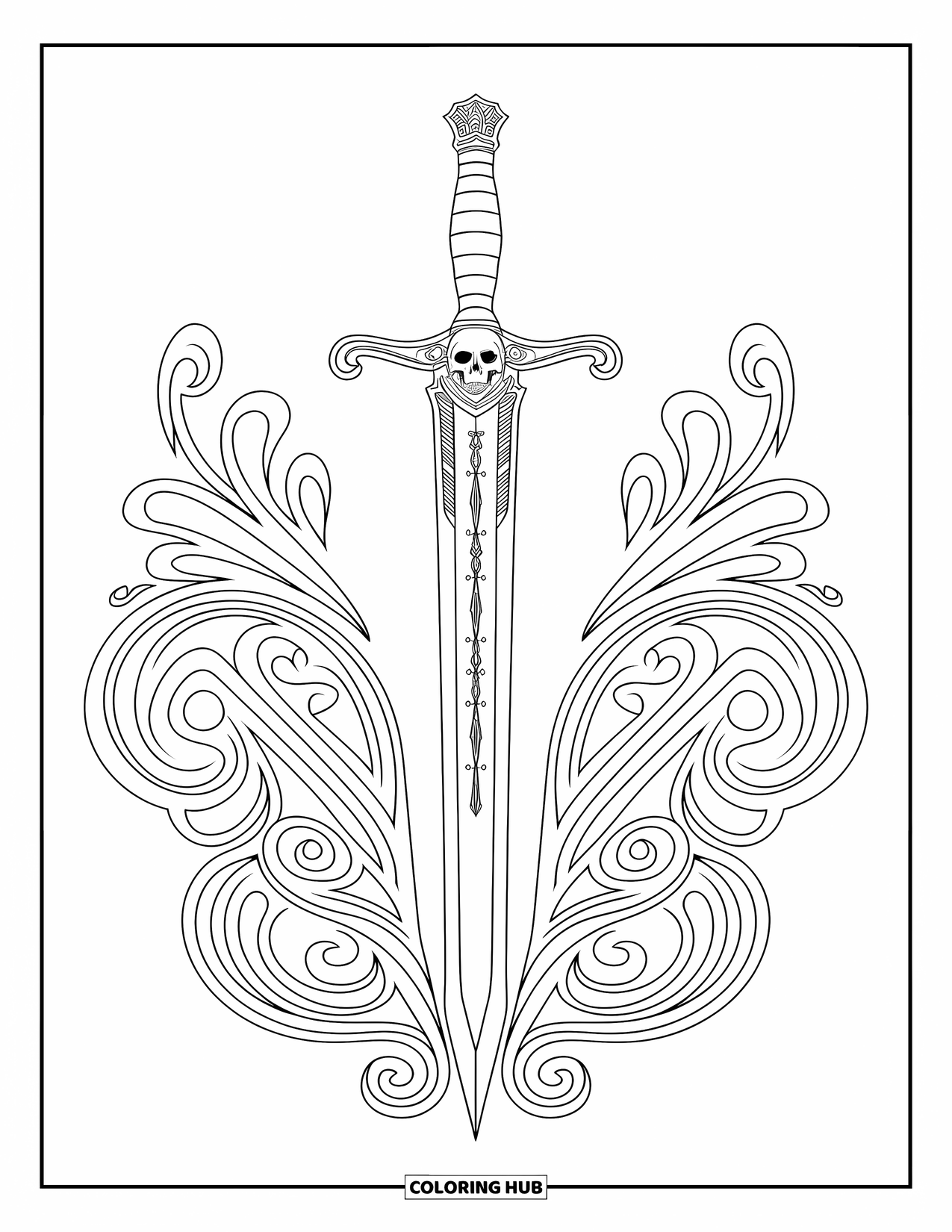 Kolorowanka z piratami dla dorosłych: Ozdobny miecz z rękojeścią w kształcie czaszki i skomplikowanymi wzorami dookoła