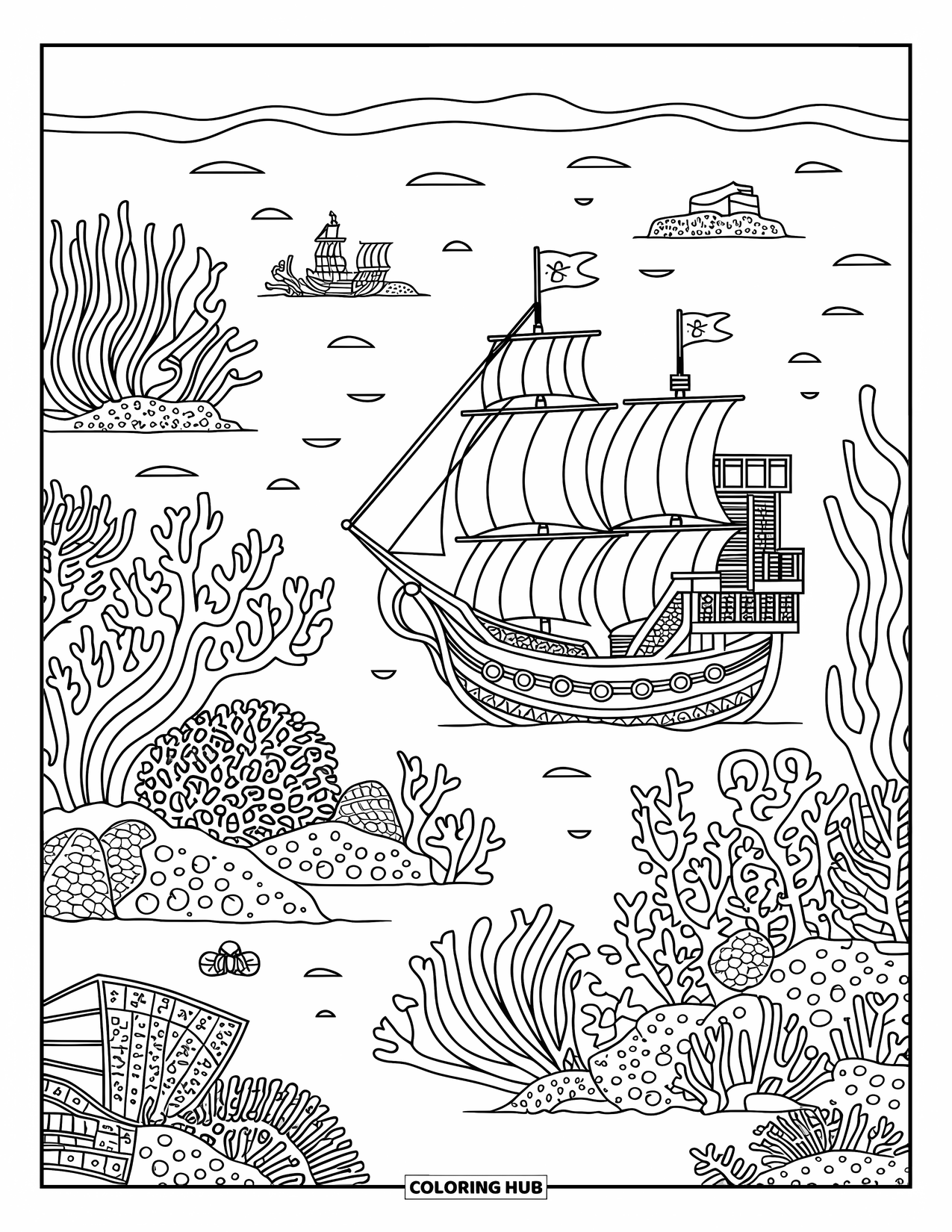 Kolorowanka z piratami dla dorosłych: Zatopione statki pirackie i skarby otoczone żywymi koralowcami i skomplikowanymi wzorami