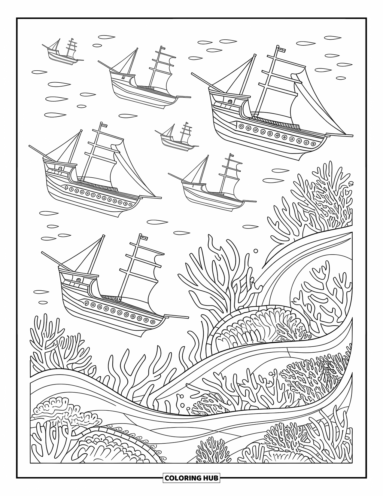 Kolorowanka z piratami dla dorosłych: Zatopione statki pirackie z koralowcami i ukrytymi skarbami w skomplikowanej podwodnej scenerii